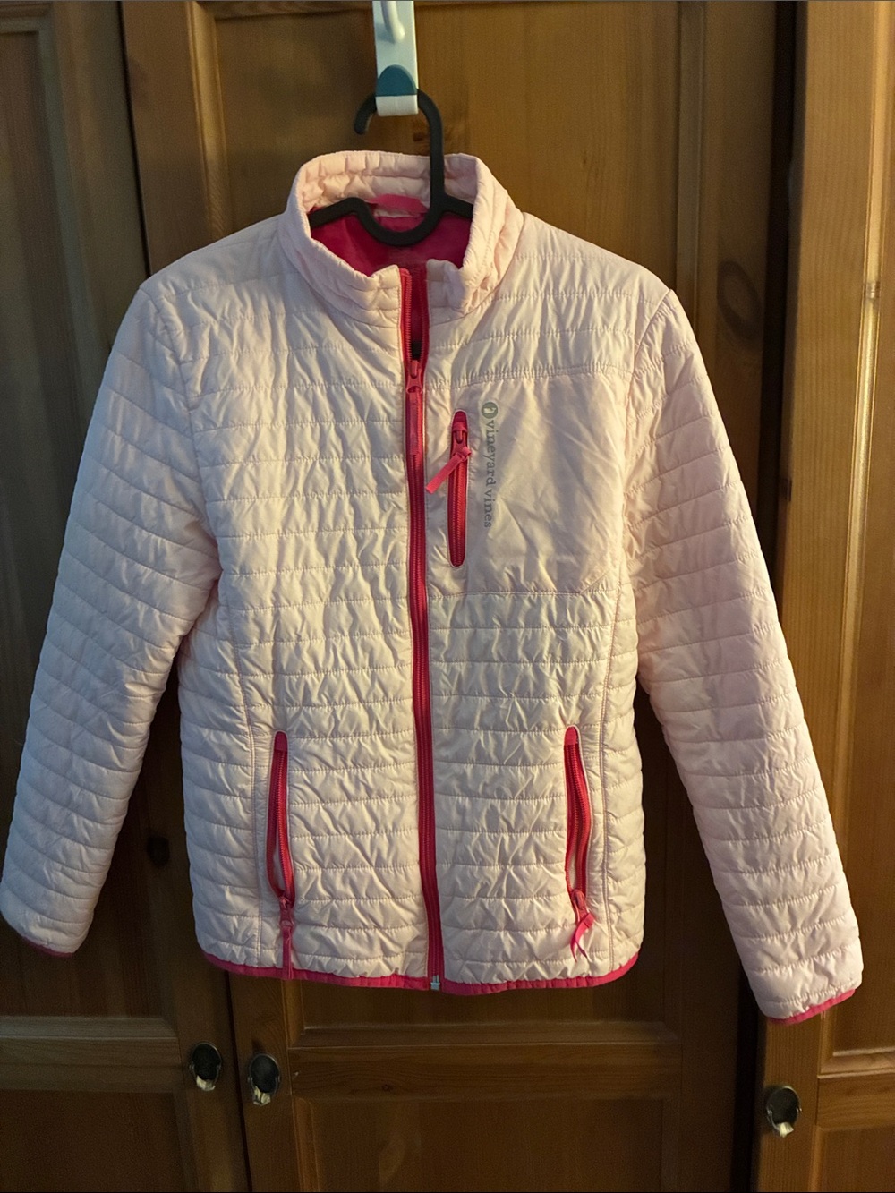 Vineyard Vines Light Pink Quilted Puffer Jacket with Bright Pink Trim
